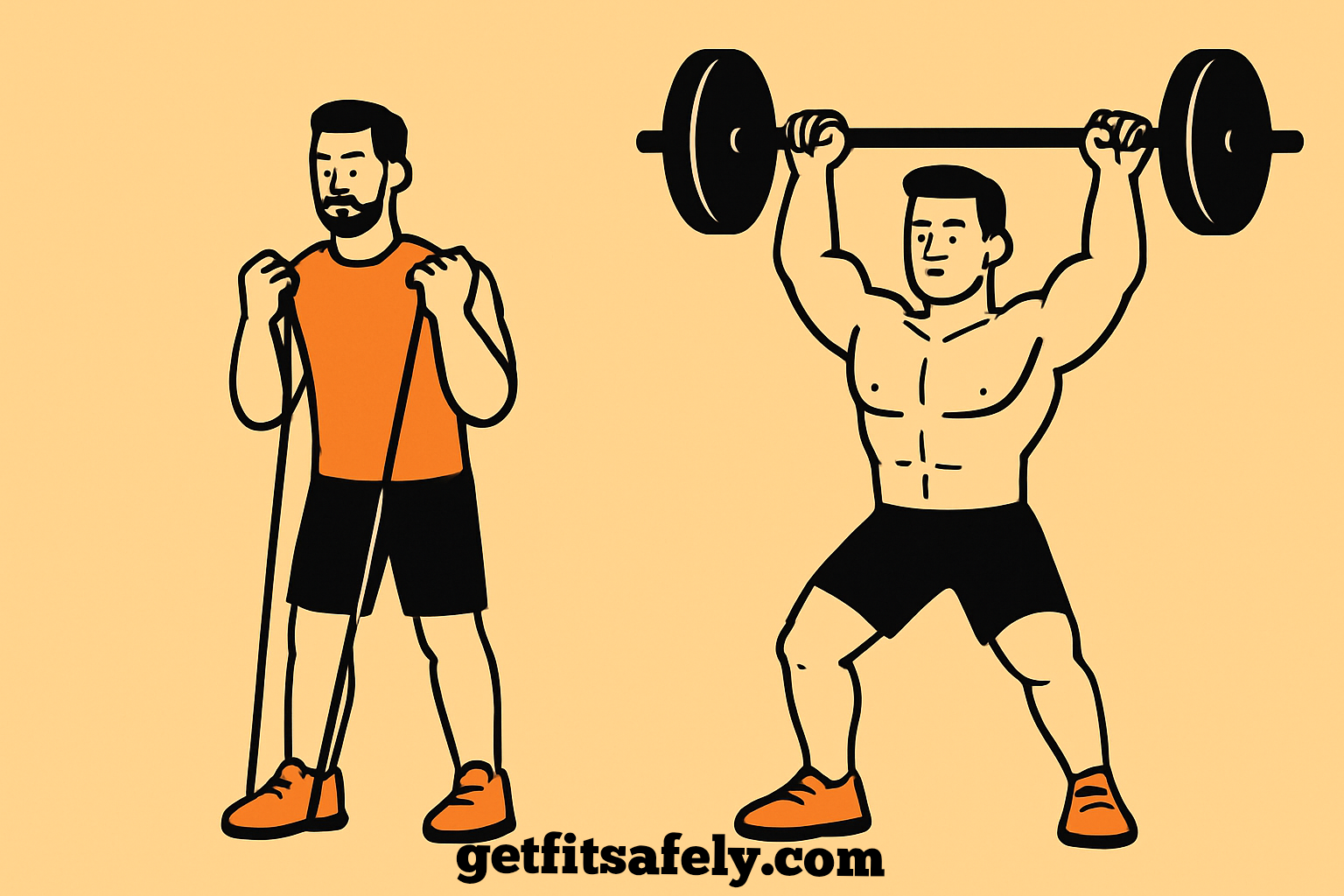 Men-training-with-resistance-band-and-barbell