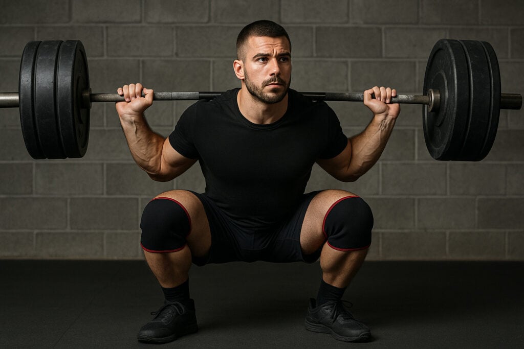 Man-doing-squat-with-barbell-wearing-knee-sleeves