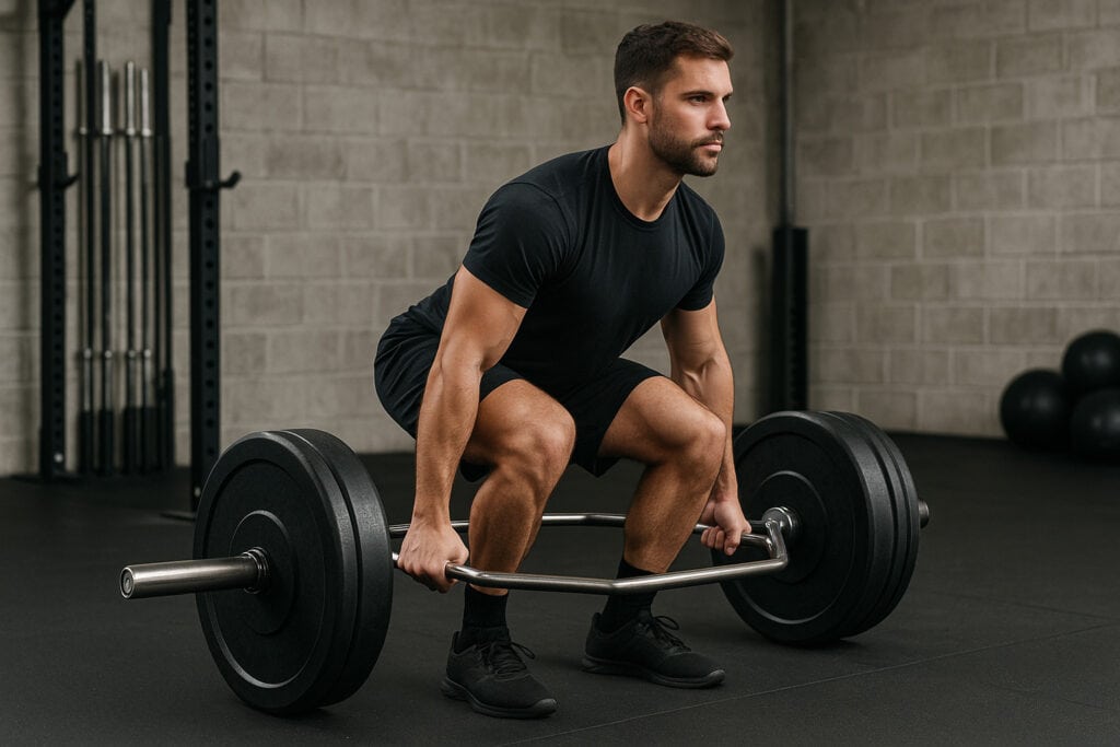 Man-performing-trap-bar-deadlift-trap-bar-training-gym