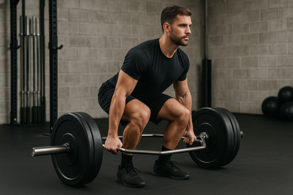 Man-performing-trap-bar-deadlift-trap-bar-training-gym