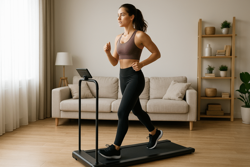 Woman-jogging-on-a-slim-treadmill-in-a-modern-apartment-living-room