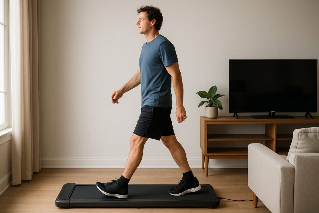Man-finishing-a-treadmill-walk-at-home-in-warm-natural-light