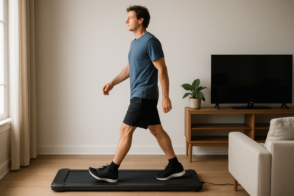 Man-finishing-a-treadmill-walk-at-home-in-warm-natural-light