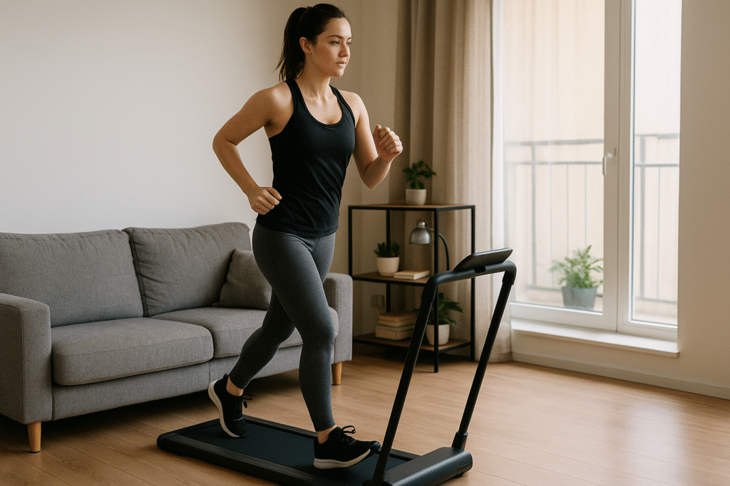 Woman-jogging-on-a-compact-treadmill-in-a-small-apartment-living-room