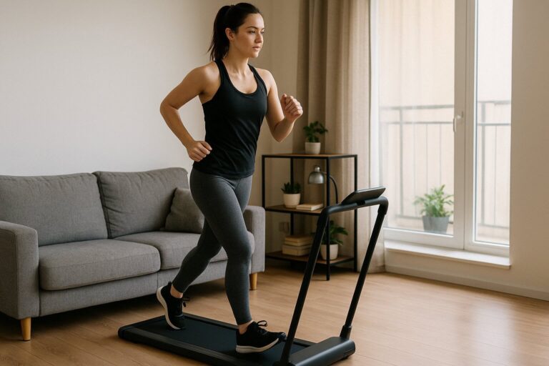 Woman-jogging-on-a-compact-treadmill-in-a-small-apartment-living-room