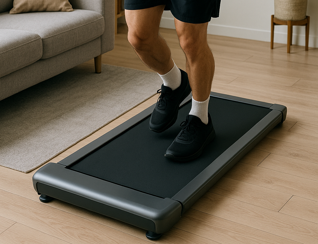 Man-training-on-a-compact-treadmill-with-dumbbells-in-a-bright-living-room