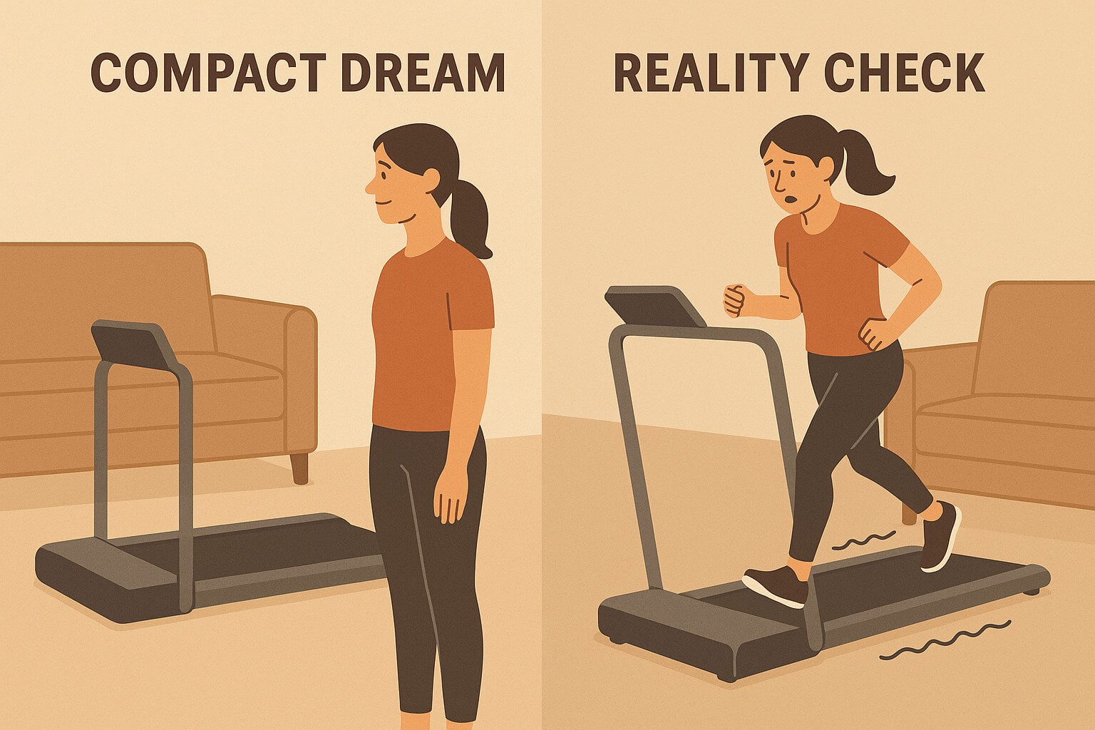 Woman-struggling-to-jog-on-a-compact-treadmill showing difference-between-expectation-and-reality