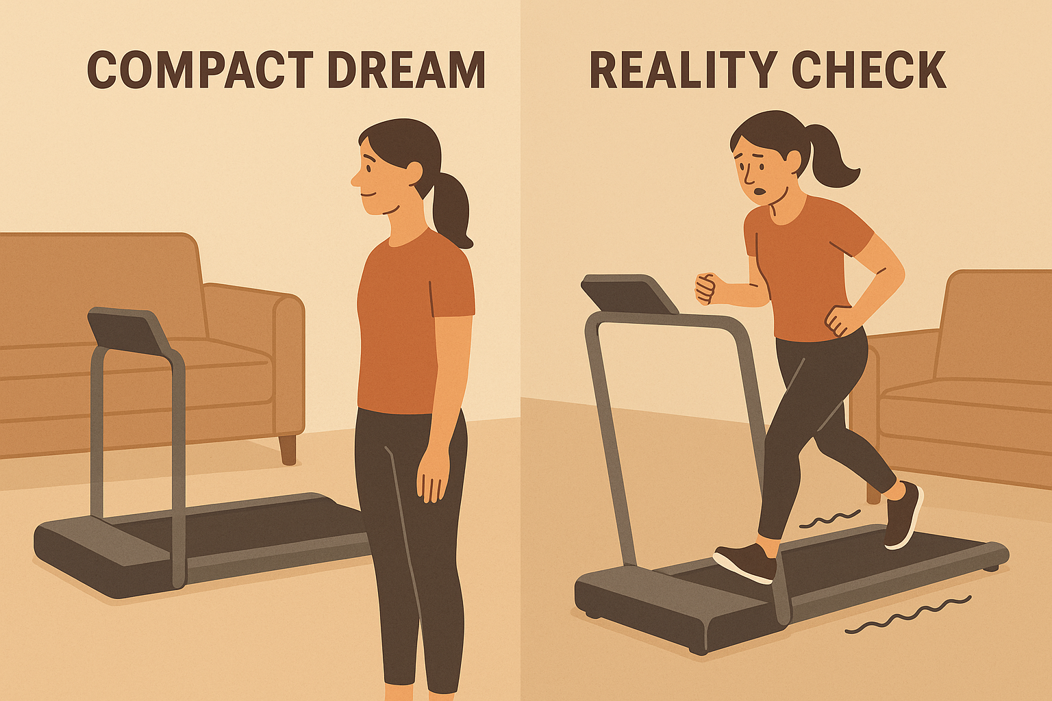Woman-struggling-to-jog-on-a-compact-treadmill showing difference-between-expectation-and-reality