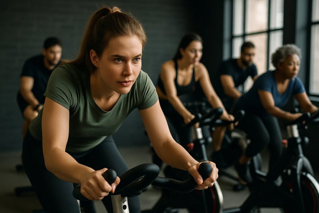 Focused-woman-leading-indoor-cycling-class-in-gym-light