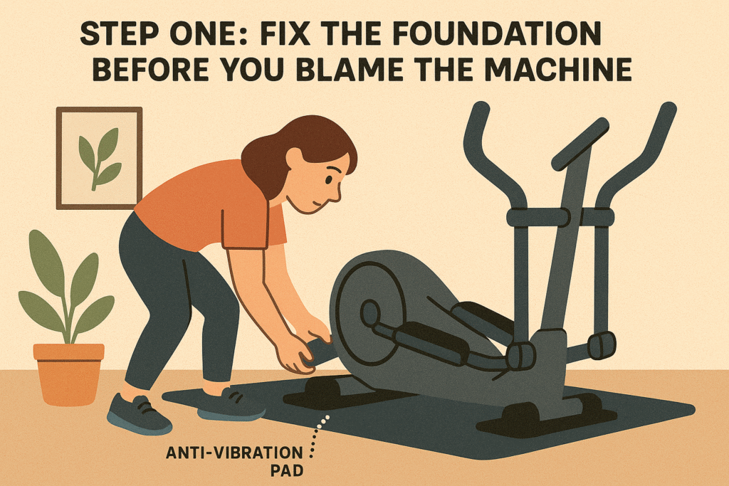 Woman-installing-anti-vibration-pads-under-elliptical-machine