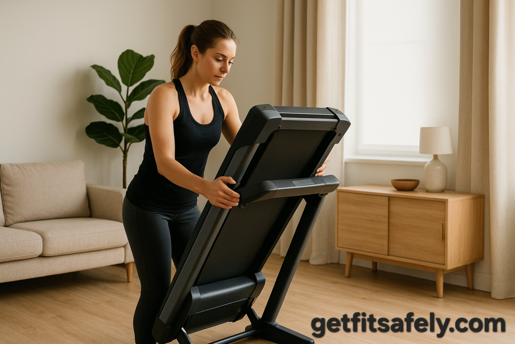 Woman-holding-a-fully-folded-treadmill
