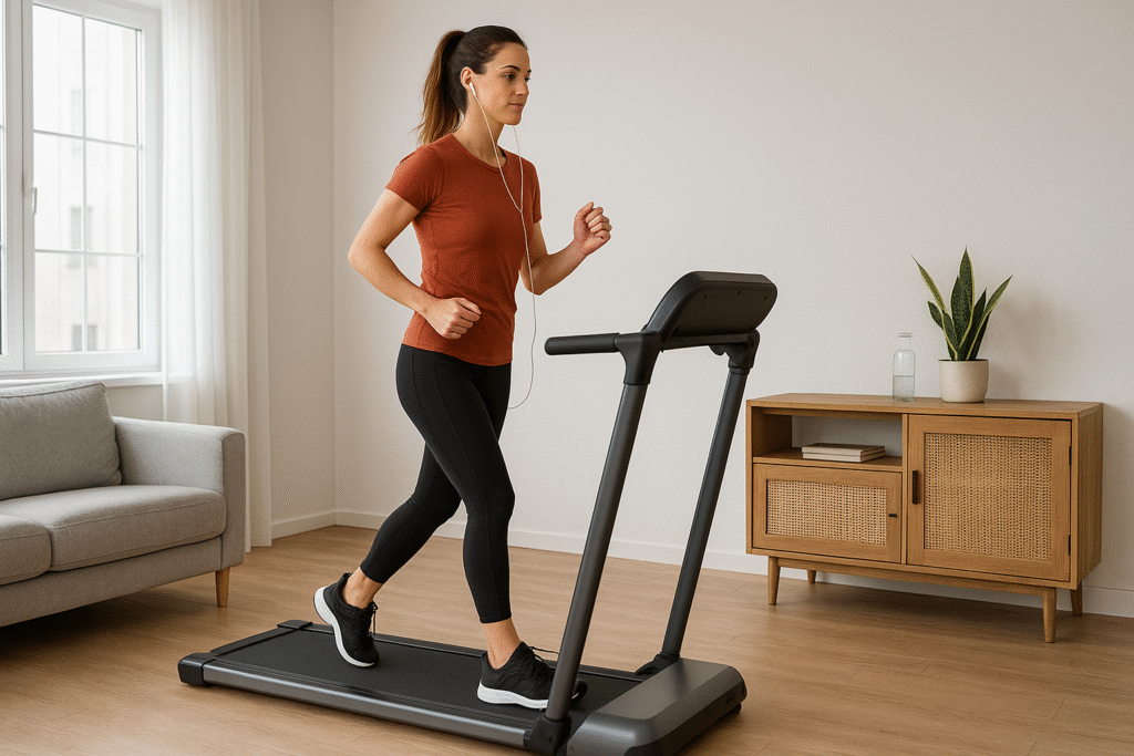 Woman-jogging-on-a-foldable-treadmill