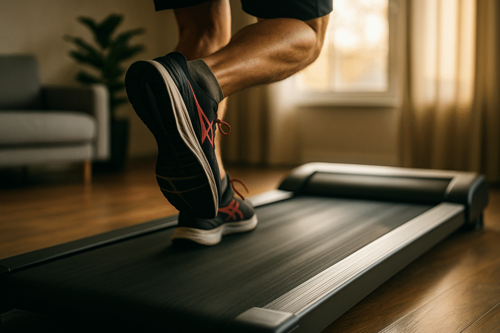 Runner-shoes-hitting-foldable-treadmill-belt-during-sprint