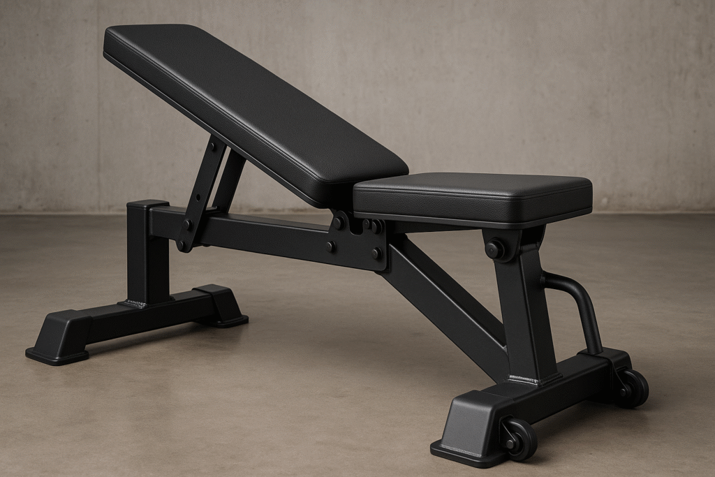 Heavy-steel-adjustable-weight-bench-with-wide-base-and-black-padding-on-concrete-gym-floor