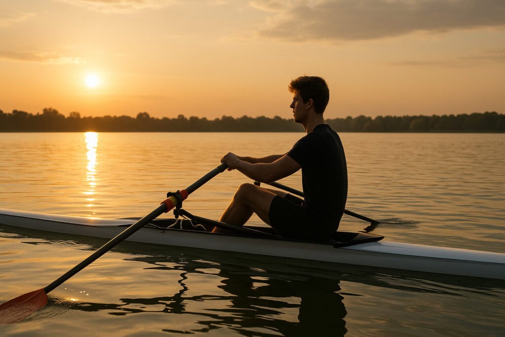 Man-rowing-on-calm-lake-