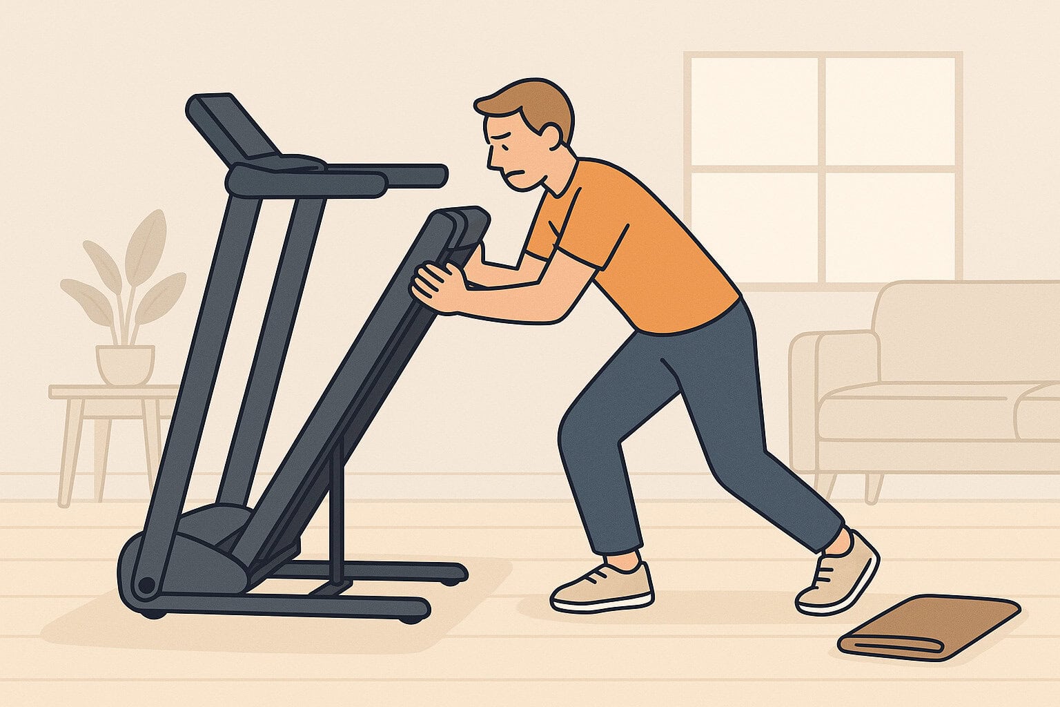 Man-in-orange-shirt-struggling-to-move-a-folded-treadmill