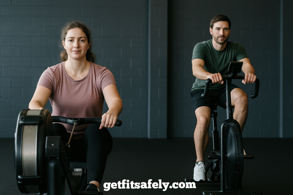 Woman-on-rowing-machine-and-man-on-stationary-bike-during-recovery-workout