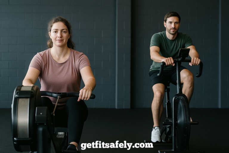 Woman-on-rowing-machine-and-man-on-stationary-bike-during-recovery-workout
