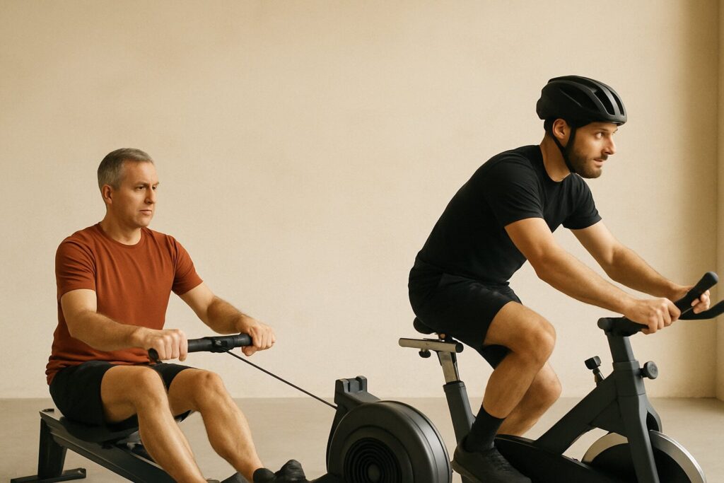 Two-men-training-on-rowing-machine-and-stationary-bike-during-light-recovery-cardio-session