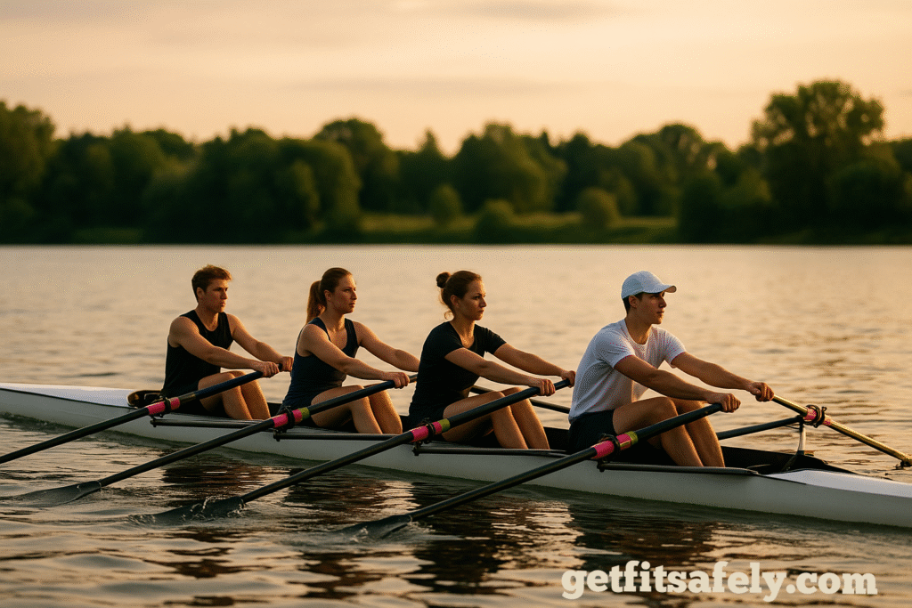 Rowing-team-on-lake-at-sunset