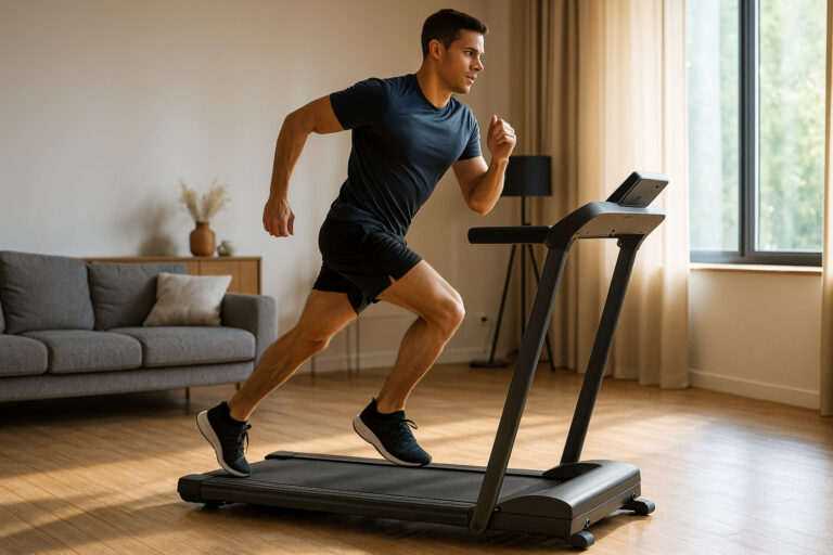 Man-running-fast-on-foldable-treadmill-in-modern-home-gym