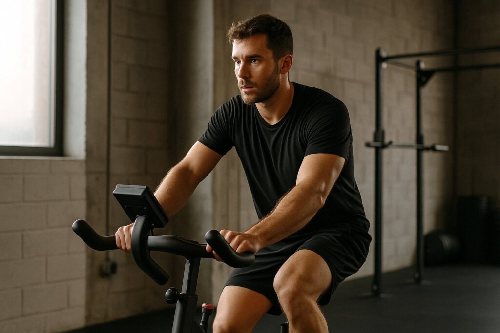 Athlete-cycling-slowly-on-stationary-bike-for-active-recovery