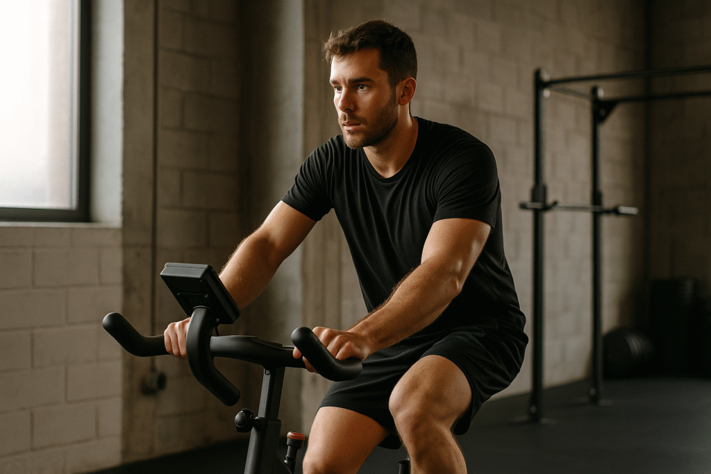 Athlete-cycling-slowly-on-stationary-bike-for-active-recovery