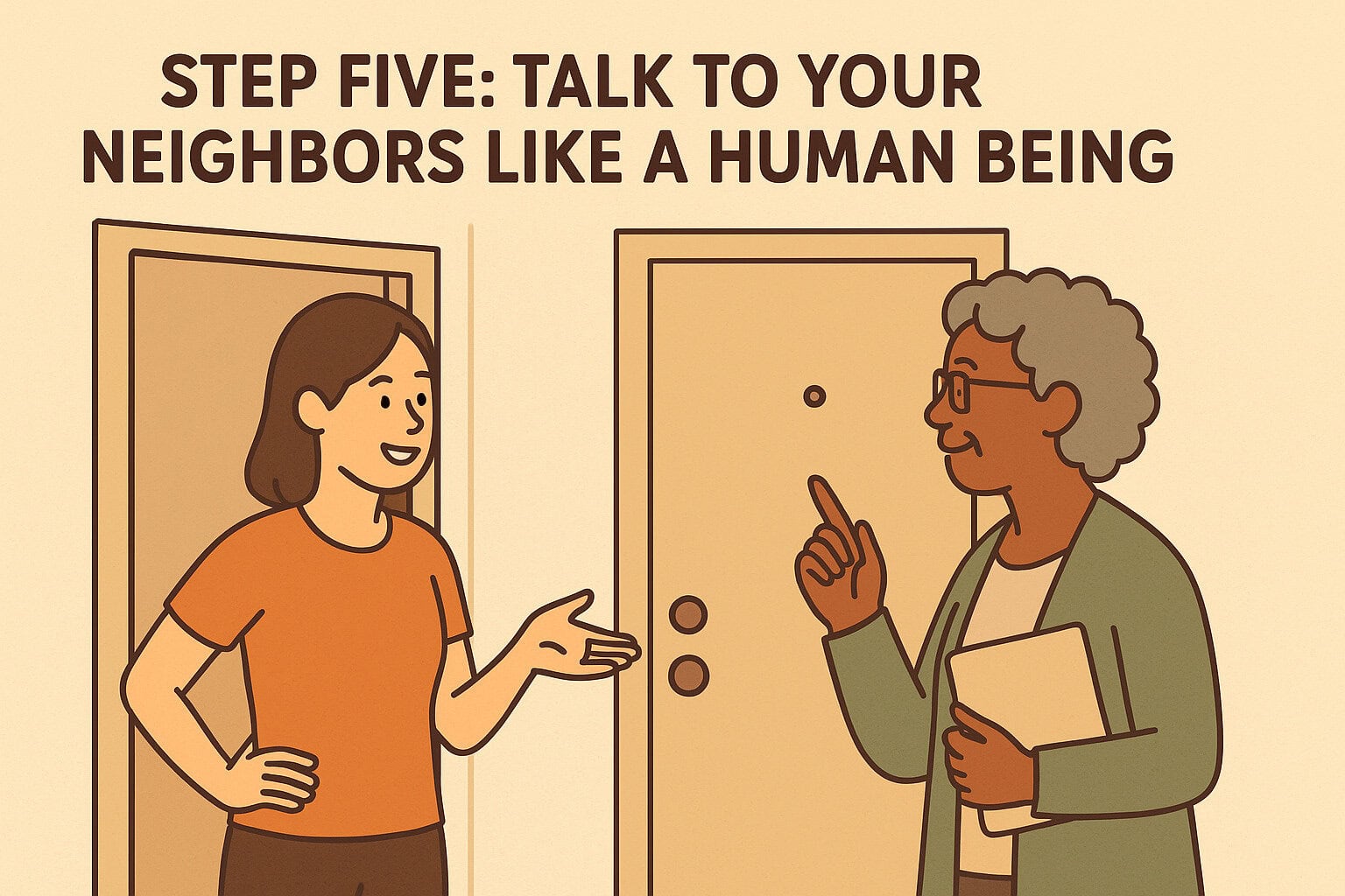 Neighbors-having-friendly-conversation-in-apartment-hallway