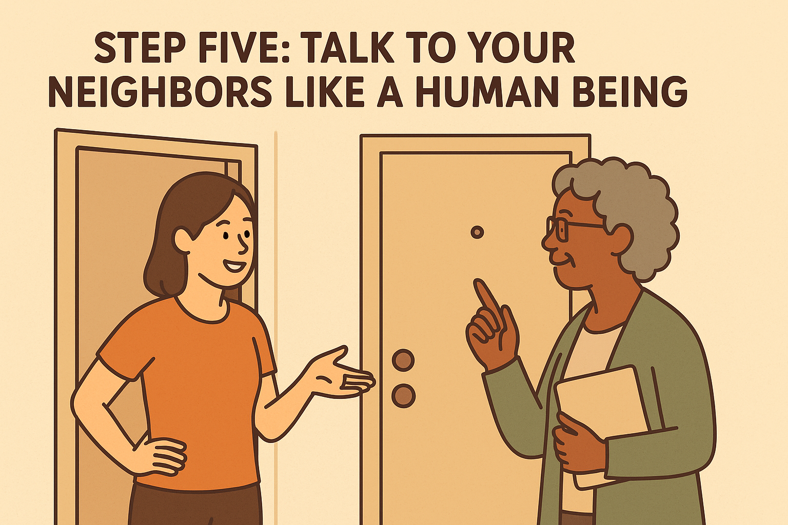 Neighbors-having-friendly-conversation-in-apartment-hallway