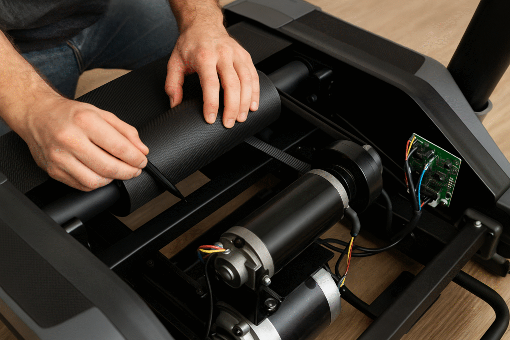 Close-up-view-of-a-person-maintaining-a-treadmill-motor-and-roller-system-inside-a-modern-foldable-treadmill