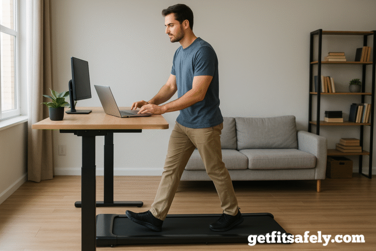 Man-walking-on-an-under-desk-treadmill-while-working-at-a-standing-desk