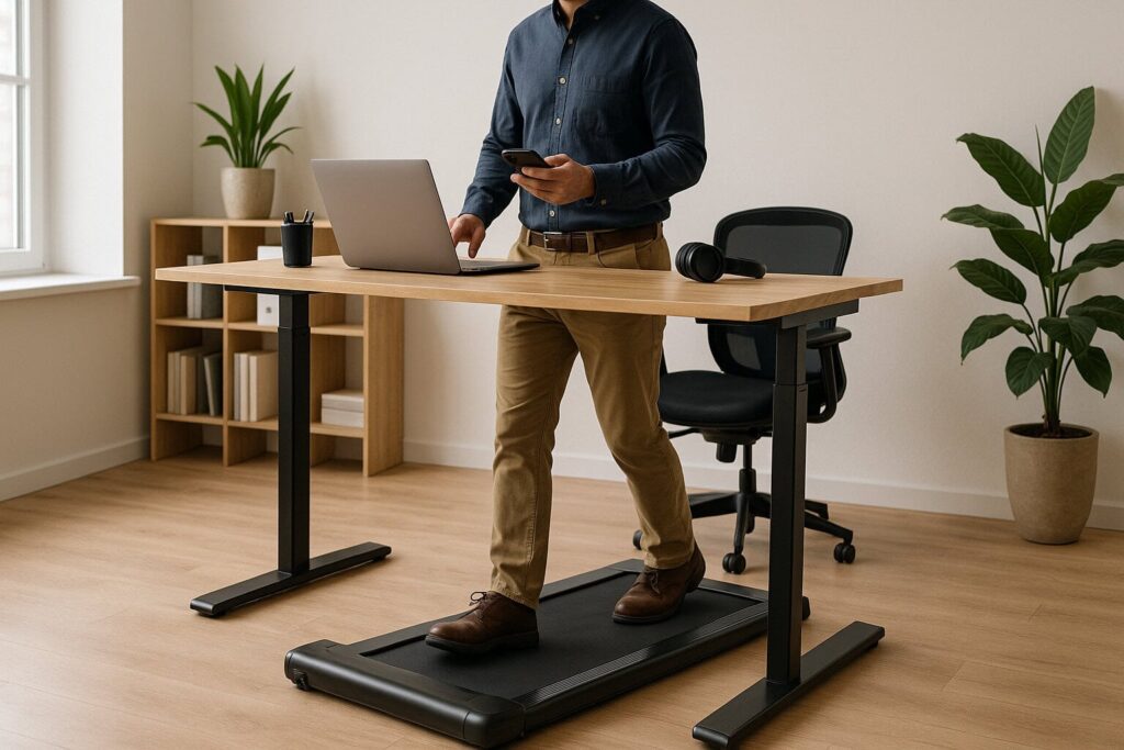 Man-walking-on-a-compact-treadmill-under-a-standing-desk-while-working-on-a-laptop