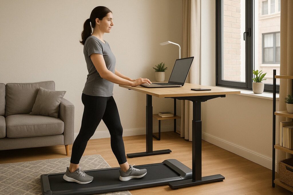 Woman-using-a-slim-walking-pad-while-working-on-laptop-at-standing-desk