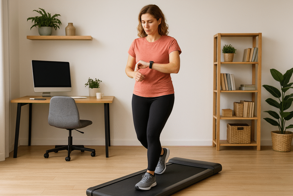 Woman-checking-her-smartwatch-while-walking-on-a-walking-pad-in-a-modern-home-office