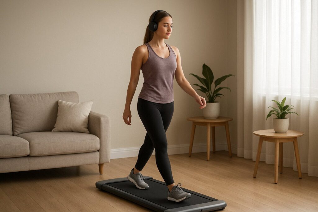 Woman-walking-calmly-on-a-compact-treadmill-at-home-wearing-headphones-and-listening-to-a-podcast