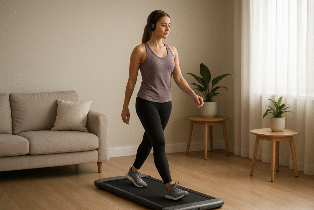 Woman-walking-calmly-on-a-compact-treadmill-at-home-wearing-headphones-and-listening-to-a-podcast