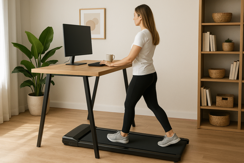 Female-professional-walking-on-an-under-desk-treadmill-while-working-from-home