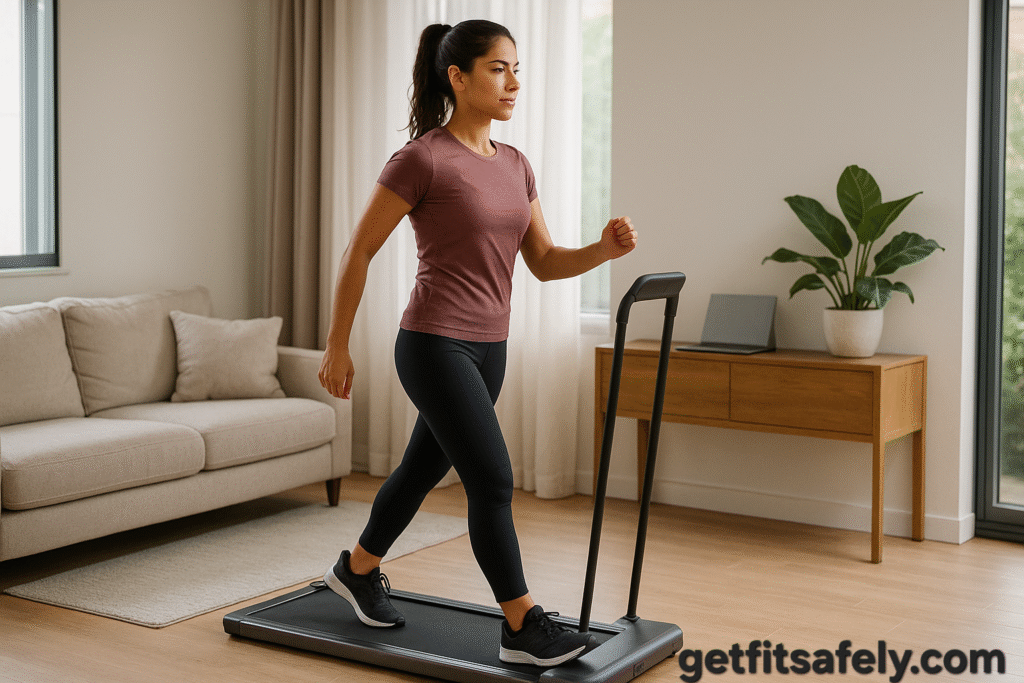 Woman-walking-on-a-slim-treadmill