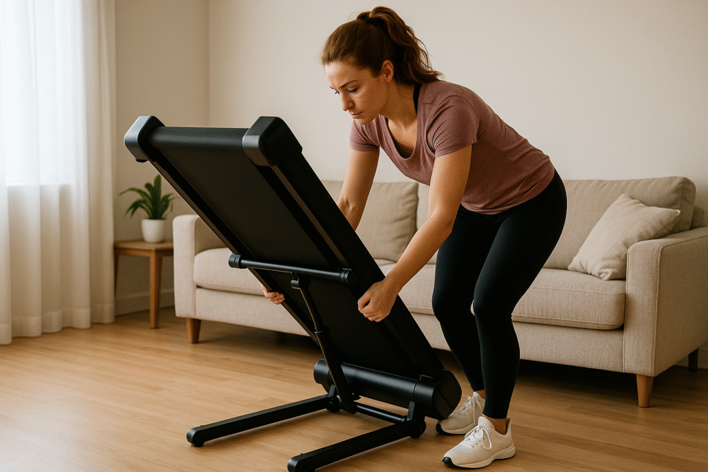 Woman-folding-a-compact-treadmill-in-a-bright-living-room-