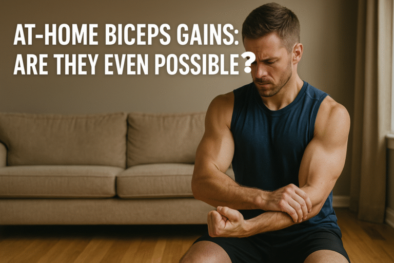 Man performing a self-resisted biceps curl at home during a no-equipment workout