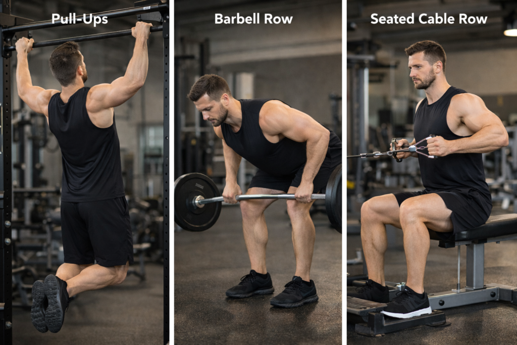 Athlete-performing-pull-ups-barbell-row-and-seated-cable-row-in-gym