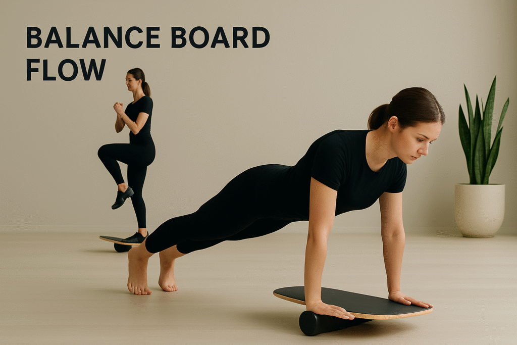 Woman-performing-plank-and-balance-exercises-on-board