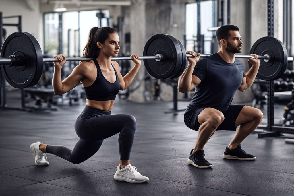 Woman-doing-lunge-and-man-doing-squat-in-gym