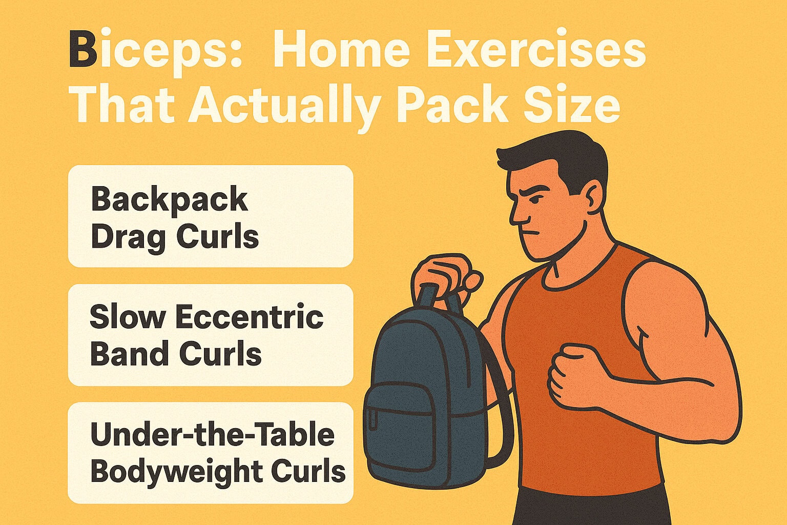 Infographic-showing-man-performing-backpack-drag-curls-with-list-of-effective-home-biceps-exercises