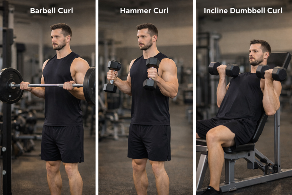 Barbell-curl-hammer-curl-and-incline-dumbbell-curl