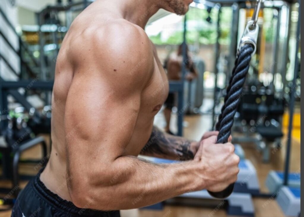 Man-performing-bodyweight-dip-with-highlighted-triceps-muscles