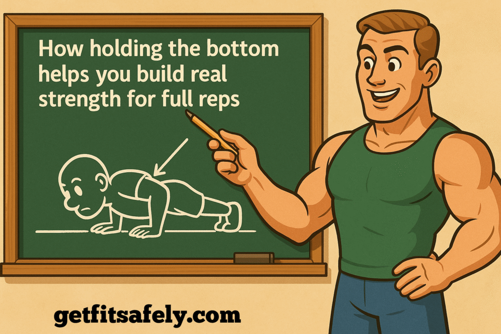 Muscular-cartoon-coach-explaining-bottom-push-up-at-chalkboard