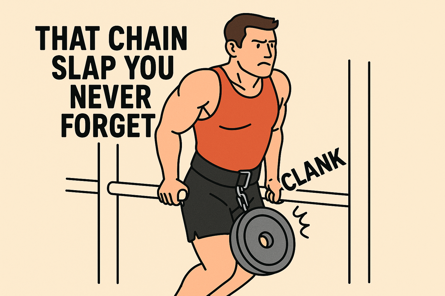 Man-performing-weighted-dips-with-plate-hitting-his-thigh-in-gym