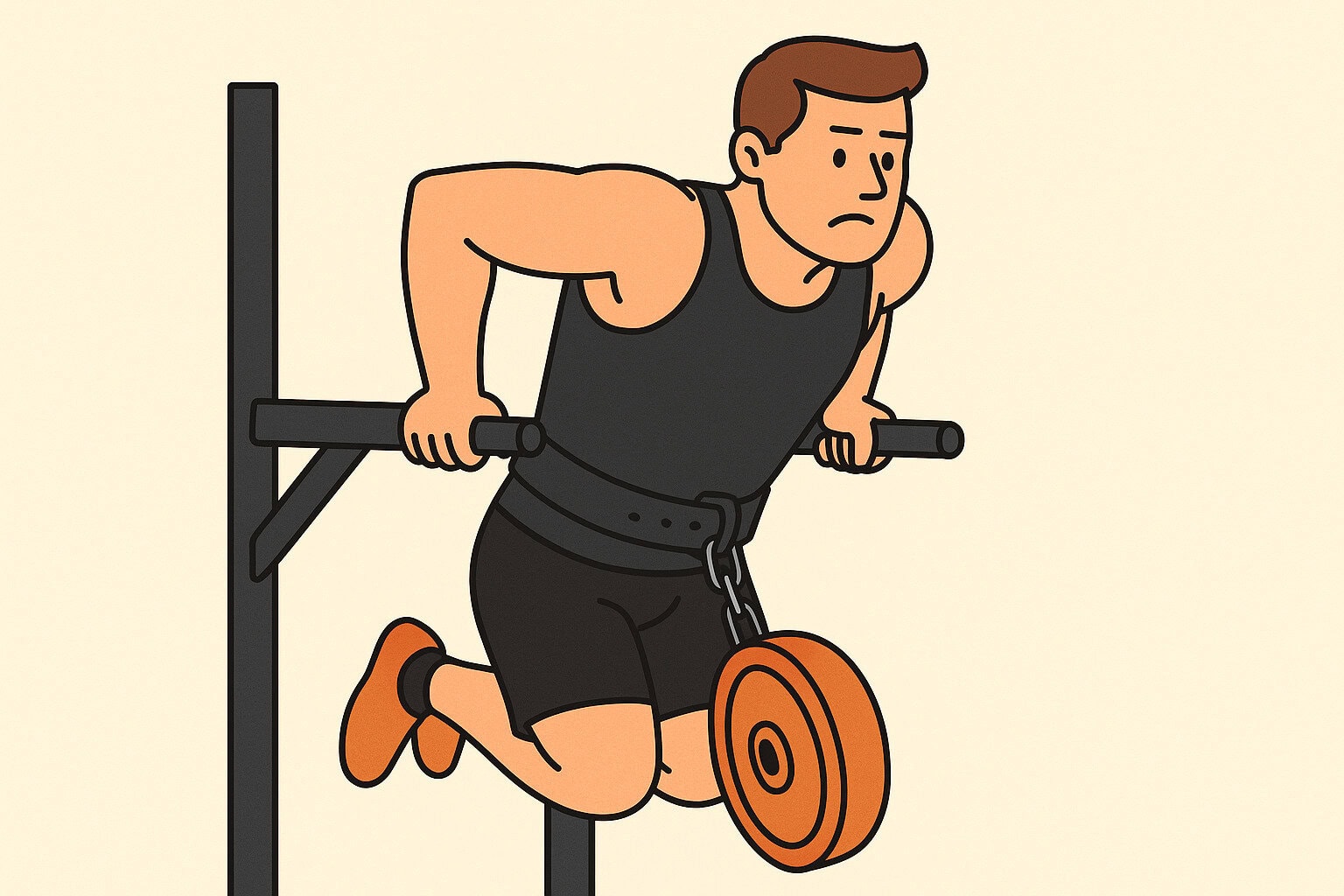 Minimalist-cartoon-of-man-performing-weighted-dips-with-dip-belt-looking-surprised-in-gym