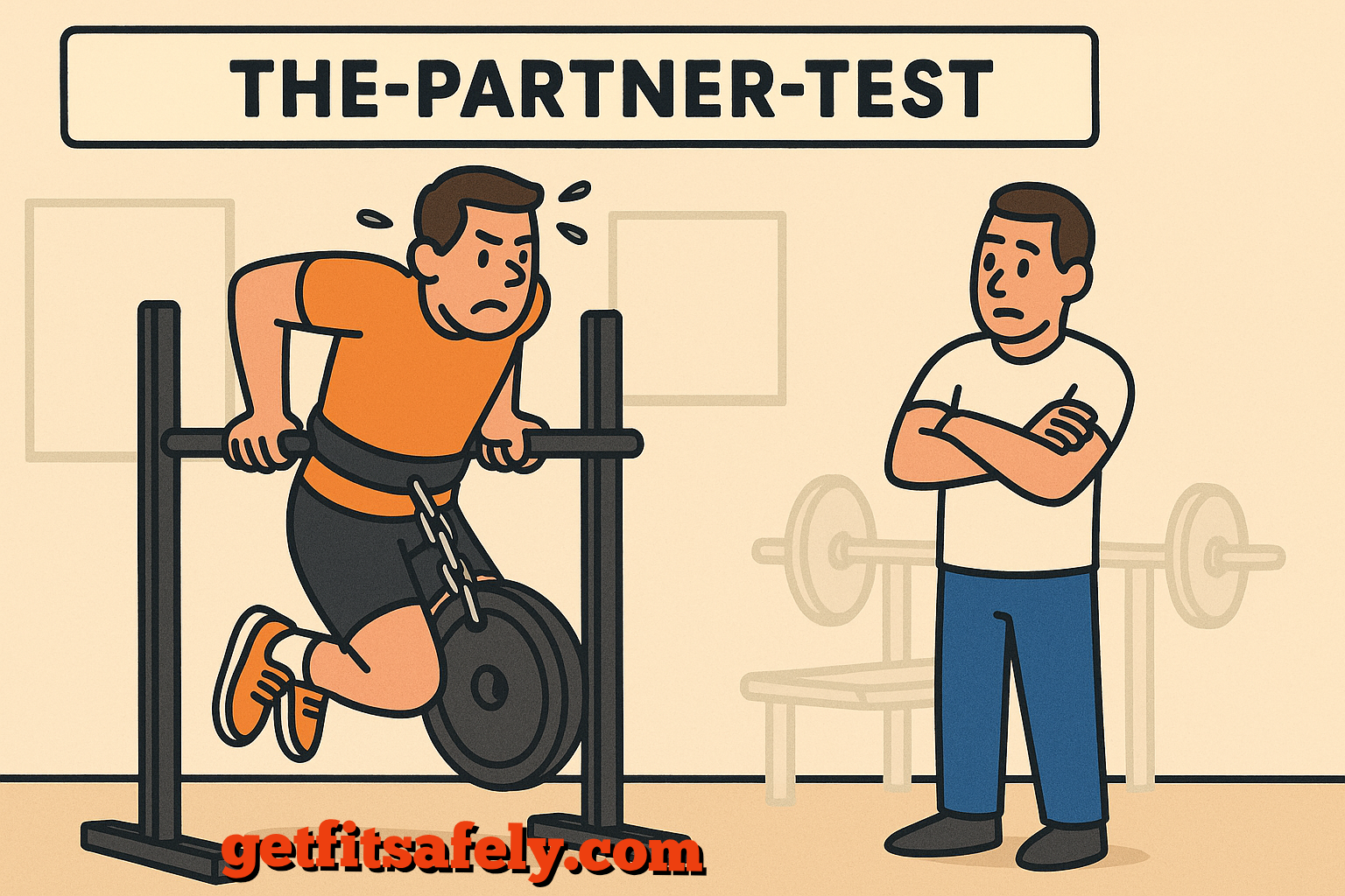 Two-men-in-gym-one-performing-weighted-dips-while-partner-watches-in-concern